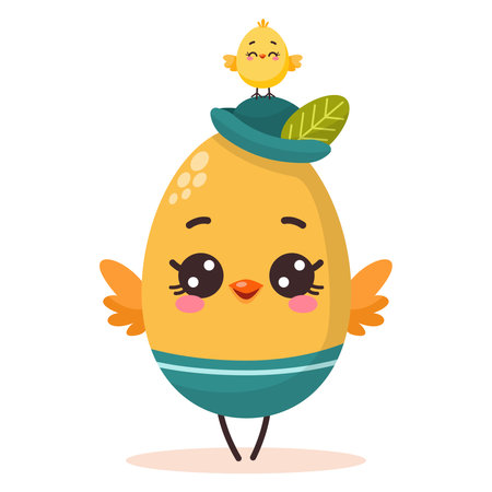 Vector illustration of cute colored cartoon character easter egg in a hat with a chicken. Groovy vintage cute mascot. Vector illustration. Happy Easter greeting card.のイラスト素材