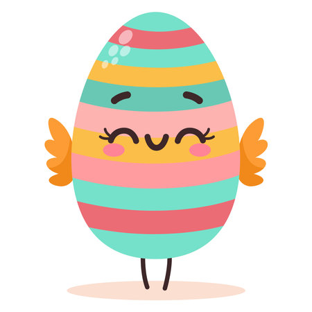 Vector illustration of cute colored cartoon character happy striped easter egg. Groovy vintage cute mascot. Vector illustration. Happy Easter greeting card.のイラスト素材
