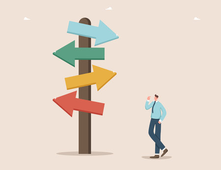 Business planning and analysis of ways and methods to achieve goals, search for secret keys to new opportunities, follow strategy for success in workflow, man near pointer discourse further actions.のイラスト素材