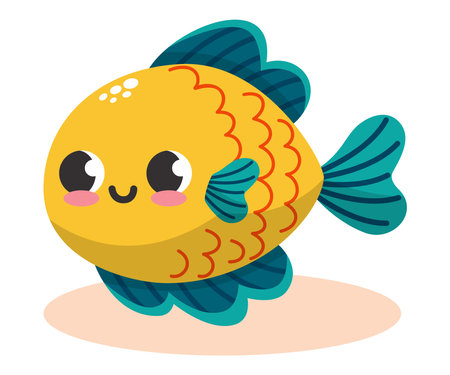 Vector illustration of colorful cute funny yellow and green fish. Undersea world. Aquarium. Oceanic and sea bright colorful fishのイラスト素材