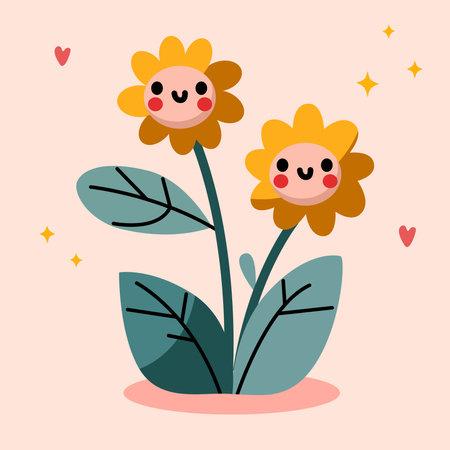 Groovy cartoon flower. Happy cute orange flowers in garden, cool spring mascot and retro flower character. Green lawn or garden with plant with smiling face, flower graphic element isolated collectionのイラスト素材