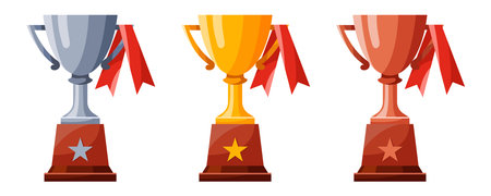 Set of cups with ribbons. Winners cups, awards. Champions trophy, winning goblets. Prize reward icons. Shiny champion's cups for championships. Symbols of victory in a sporting event, competitionのイラスト素材