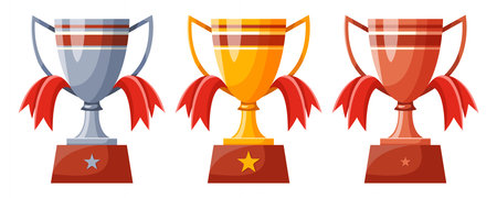 Set of cups with red ribbons. Winners cups, awards. Champions trophy, winning goblets. Prize reward icons. Shiny champion's cups for championships. Symbols of victory in a sporting event, competitionのイラスト素材