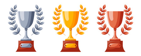 Set of cups with wreaths. Winners cups, awards. Champions trophy, winning goblets. Prize reward icons. Shiny champion's cups for championships. Symbols of victory in a sporting event, competitionのイラスト素材