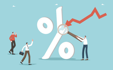 Financial difficulties, debt and credit obligations, interest payments on bank loans, investment risks, borrowing money, business failure, loss of funds, arrow breaks percentage.のイラスト素材