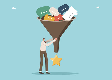 Consumer surveys about quality of products or services to increase sales and brand awareness, increasing clients satisfaction by collecting information, man using funnel with speech bubbles makes starのイラスト素材