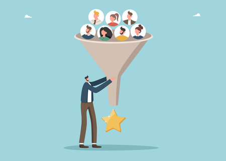 Hire new employees for grow business and prosperity, team structure changes to achieve goals, organization restructuring, motivation and performance, man using funnel to make star from people.のイラスト素材