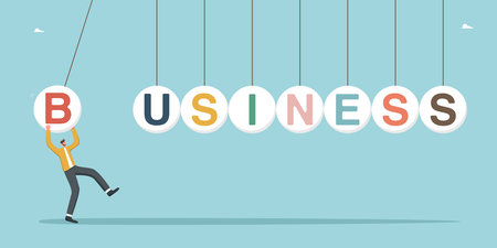 Launching startup or new business project, introducing business strategies to generate additional profits, implementing creative ideas to achieve success, achieving goals, man launches business.のイラスト素材