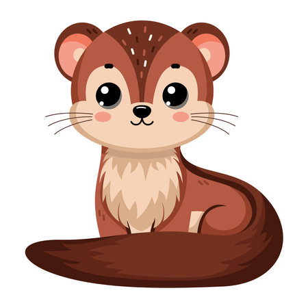 Cute happy marten, little funny weasel. Ð¡ute autumn forest animal isolated on white background. Flat vector illustration. Fall season stickers and clipart.のイラスト素材