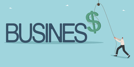 Launching startup or new business project, introducing business strategies to generate additional profits, implementing creative ideas to achieve success, achieving goals, man puts dollar to business.のイラスト素材