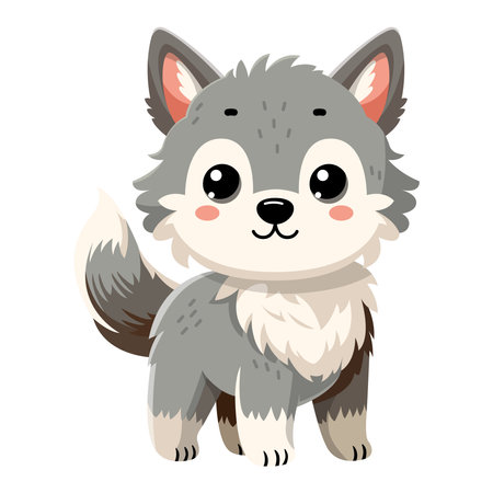 Cute happy little funny wolf. Ð¡ute autumn forest animal isolated on white background. Flat vector illustration. Fall season stickers and clipart.のイラスト素材