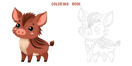 Coloring book of cute happy wild boar, little boar, funny aper. Coloring page of cute autumn forest animal isolated on white background. Flat vector illustration.のイラスト素材