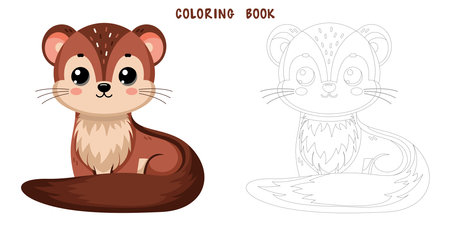 Coloring book of cute happy marten, little funny weasel. Coloring page of cute autumn forest animal isolated on white background. Flat vector illustration.のイラスト素材