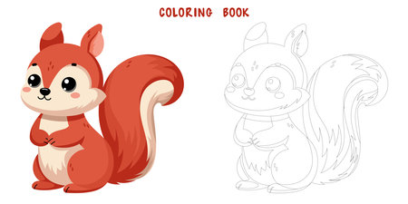 Coloring book of cute happy little funny squirrel. Coloring page of cute autumn forest animal isolated on white background. Flat vector illustration.のイラスト素材