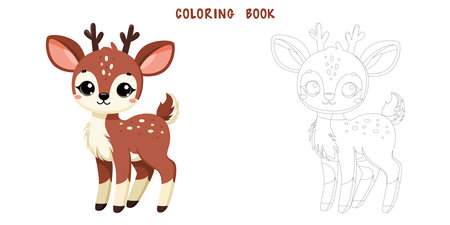 Coloring book of cute happy deer, little sarna, funny roe. Coloring page of cute autumn forest animal isolated on white background. Flat vector illustration.のイラスト素材