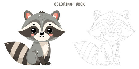 Coloring book of cute happy little funny raccoon. Coloring page of cute autumn forest animal isolated on white background. Flat vector illustration.のイラスト素材