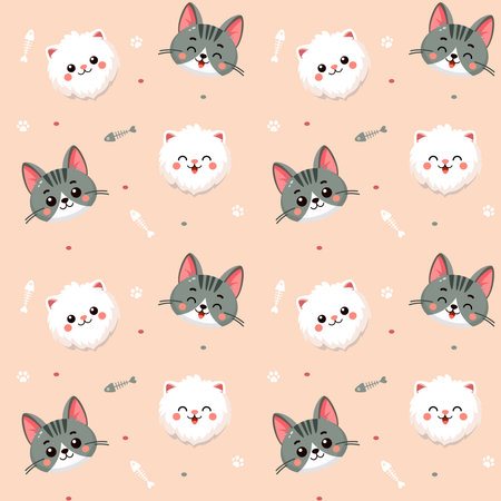 Cute cats pattern with different smile face cat, funny adorable cat or fluffy kitten, doodle pet friend. Vector illustration in flat style for sticker, print.のイラスト素材