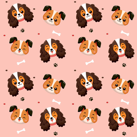 Cute dogs pattern with different smile face dog, funny adorable dog or fluffy puppy, doodle pet friend. Vector illustration in flat style for sticker, print.のイラスト素材