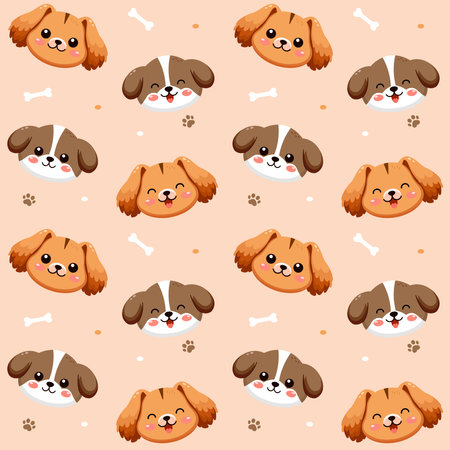Cute dogs pattern with different smile face dog, funny adorable dog or fluffy puppy, doodle pet friend. Vector illustration in flat style for sticker, print.のイラスト素材