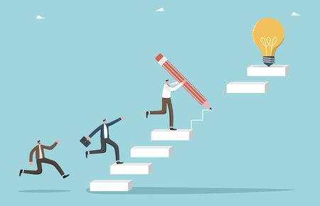 Leadership in creating brilliant ideas to grow business or overcome challenges, intelligence or creativity to achieve goals, mentoring for innovation, leader draws steps to the light bulb for the team.のイラスト素材