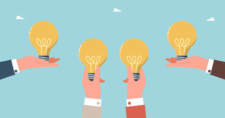 Brainstorming and creativity to create business ideas or strategies, collaboration or partnership to achieve common goals, teamwork and mentoring for innovation, large hands holding light bulbs.のイラスト素材