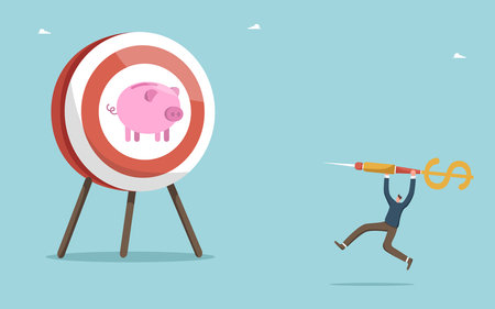 Strategy to wealth, increasing savings, investing assets and money, successful money management, creating and achieving financial goals, man launches a dart at a dart board with a piggy bank.のイラスト素材