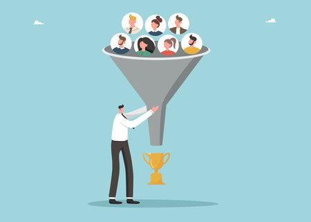 Hire new employees to achieve business goals, team structure changes to improve efficiency, organization restructuring to win over competitors, man using funnel to achieve victories from people.のイラスト素材