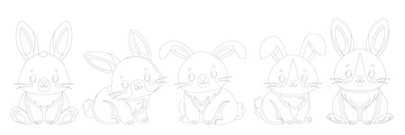 Coloring book of collection of cute little rabbits. Coloring page of animals for wallpaper, childrens clothes and toys. Flat vector illustration isolated on white background. Happy Easter Celebration.のイラスト素材
