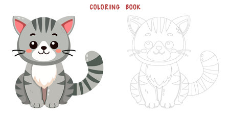 Coloring book of cute and smile cat, doodle pet friend. Coloring page of funny adorable cat or fluffy kitten cartoon character design. Pet companion friendship. Flat vector illustration.のイラスト素材