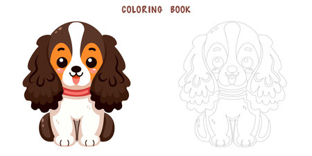 Coloring book of cute and smile dog, doodle pet friend. Coloring page of funny adorable dog or fluffy puppy cartoon character design. Pet companion friendship. Flat vector illustration.のイラスト素材