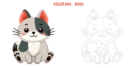 Coloring book of cute and smile cat, doodle pet friend. Coloring page of funny adorable cat or fluffy kitten cartoon character design. Pet companion friendship. Flat vector illustration.のイラスト素材