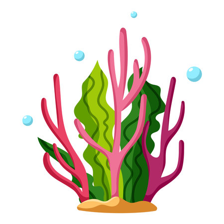 Ocean and sea plant, underwater flora, seaweed, marine life. Aquatic plant, algae, tropical seabed vector element.のイラスト素材
