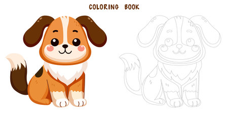 Coloring book of cute and smile dog, doodle pet friend. Coloring page of funny adorable dog or fluffy puppy cartoon character design. Pet companion friendship. Flat vector illustration.のイラスト素材
