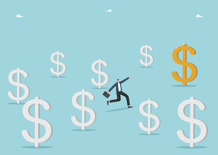 Desire to develop profitable business, motivation to achieve wealth, leadership to increase wages, overcoming obstacles to financial growth, increasing investment portfolio, man runs towards dollar.のイラスト素材