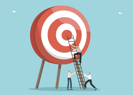 Teamwork and brainstorming to find winning strategy to achieve target, accuracy in setting and planning path, performance and successful completion of tasks, team trying to reach target on dart board.のイラスト素材