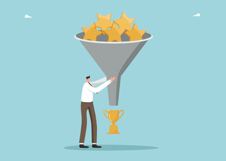 Leadership qualities in achieving business goals, intelligence or motivation for success or high results, accuracy in setting goals to defeat competitors, man using funnel of stars makes winning cup.のイラスト素材