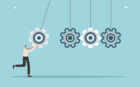 Analyze problem to find a business solution to solve problem, experience and skills to achieve success, leadership, strategy planning to achieve the highest result, a man sets gears to work.のイラスト素材