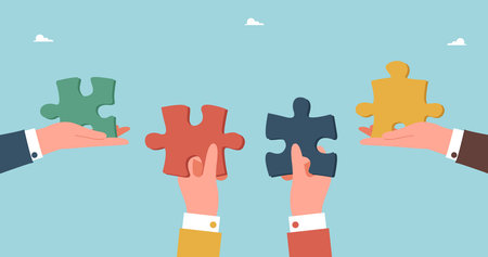 Teamwork to achieve heights in work, collaboration and partnership to complete tasks successfully, brainstorming to achieve business goals, team motivation and performance, hands folds in puzzles.のイラスト素材