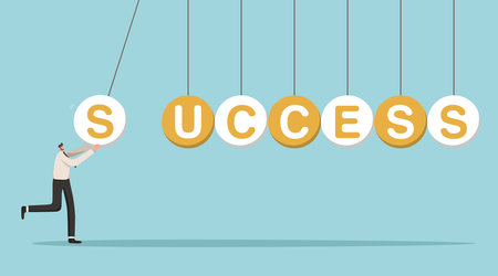 Ladder of great success, planning a path to achieve excellence in work, achieving goals and getting a career promotion, leadership skills and accuracy in setting goals, man launches success balls.のイラスト素材