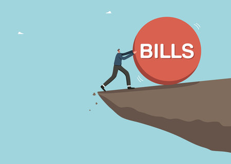 Bill payment, expense or financial service to pay for transaction, financial difficulties, debt or credit obligations, borrowing and loss money, business failure, a man stops a bill ball on a cliff.のイラスト素材