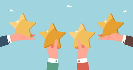 Teamwork or mentoring in paving the way to achieve goal and high results, desire and motivation to overcome obstacles and receive rewards, leadership for new opportunities, large hands holds stars.のイラスト素材