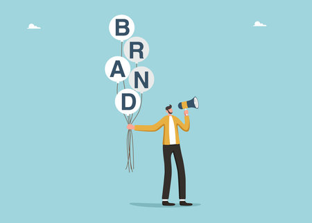 Businessman create a brand, company personality development, teamwork and brainstorming to create a business and prosperity, cooperation or partnership, man holding balloons with brand inscription.のイラスト素材