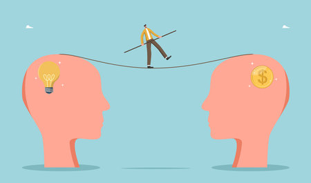 Profitability and payback of innovations, buying intellectual property, investing in creative ideas or startups, new business project, man walks on tightrope between heads with light bulb and coin.のイラスト素材