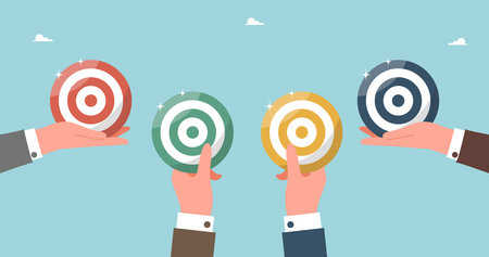 Teamwork and brainstorming to find winning strategy to achieve target, accuracy in setting and planning path, performance and successful completion of tasks, big hands holding dart boards.のイラスト素材