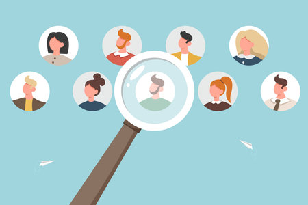 Reorganization or allocate resources, change team structure for efficiency, restructure organization, job roles concept, searching and hiring new candidates, large magnifying glass shows at candidate.のイラスト素材