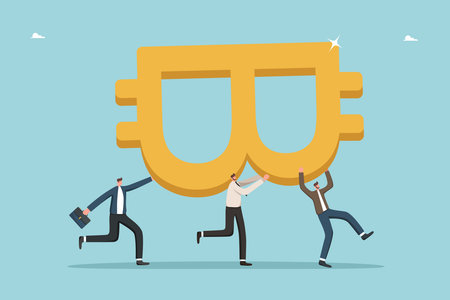 Teamwork for achieving financial goals in cryptocurrency market, investors in search of stock market to invest cash in digital currency, brainstorm for game in foreign market, men carry bitcoin icon.のイラスト素材