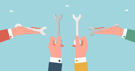 Teamwork in finding solution to problem, creative ways out of business problems, analysis or optimization of work, technical support or service in unforeseen situations, big hands holding wrenches.のイラスト素材
