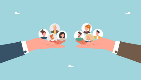 Partnership for workforce distribution, team structure changes to improve efficiency, organization restructuring, teamwork in creating optimal working conditions, big hands holding employee icons.のイラスト素材