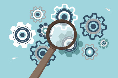 Leadership skills in finding a solution to problem, creative ways out of business problems, analysis or optimization of work, technical support or service in unforeseen situation, loupe shows mechanism.のイラスト素材