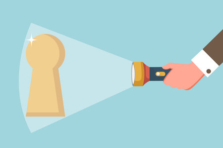 Find way out of difficult situation or solution to problem, secret key to achieve heights in business, motivation to discover new opportunities, a big hand shines a flashlight on the keyhole.のイラスト素材